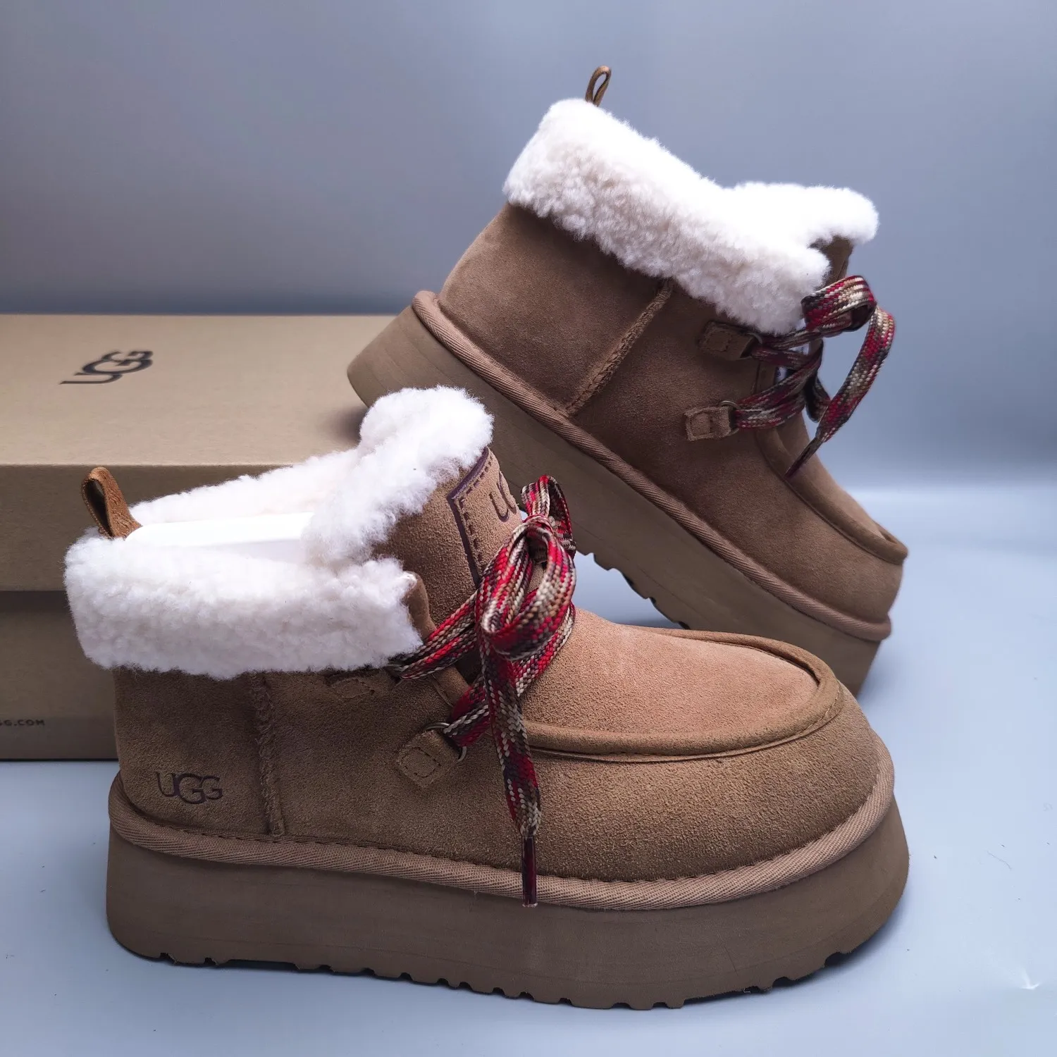 💰560 UGG sheepskin all-in-one snow boots 3954 thick-soled lace-up women's boots Color: Maroon Black Chocolate Brown Gray Size: 35-41